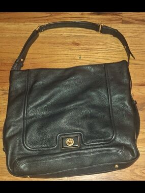Black Leather Shoulder Bag with Gold Accent